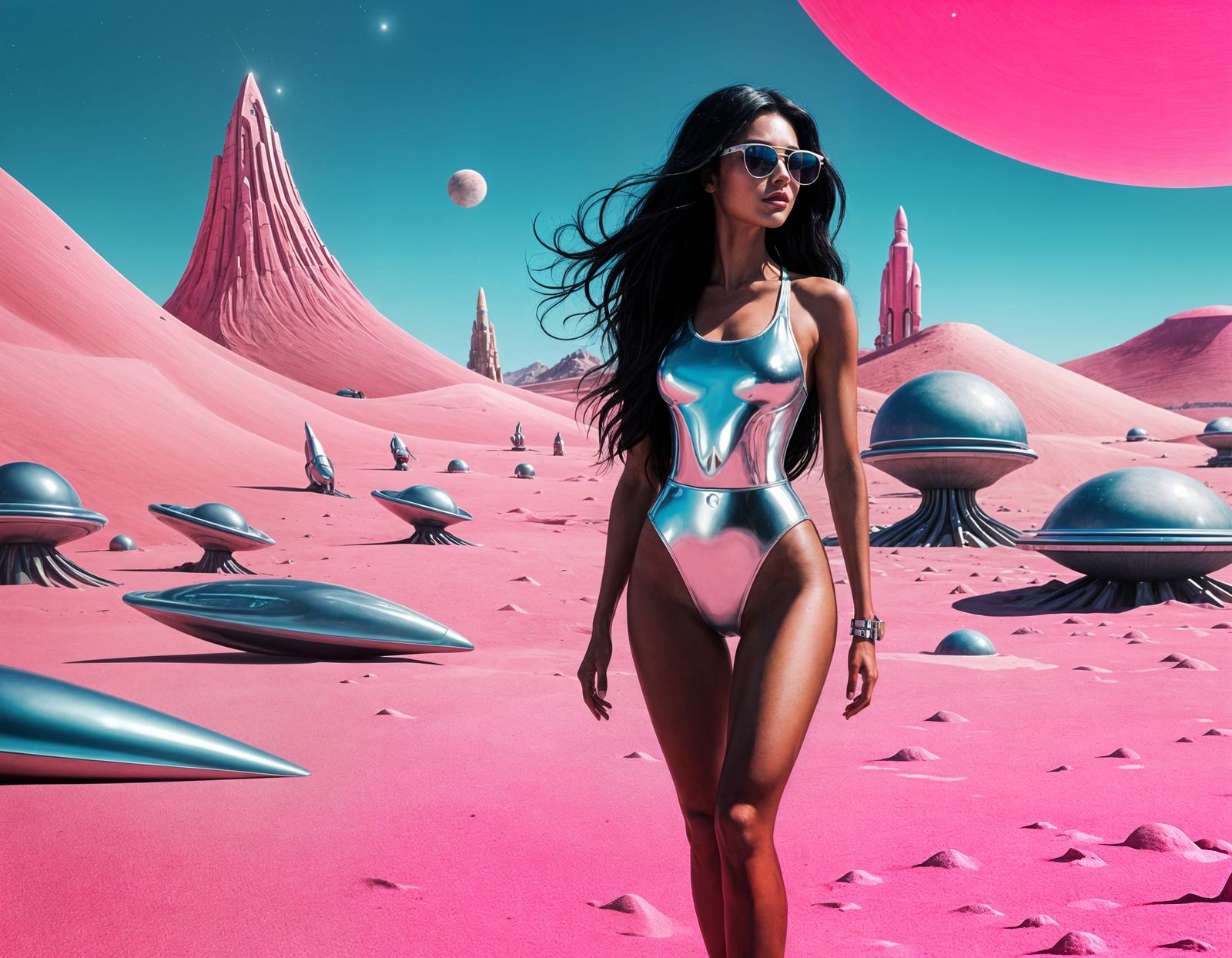 Vaporwave Woman Sunbathing on Alien Planet