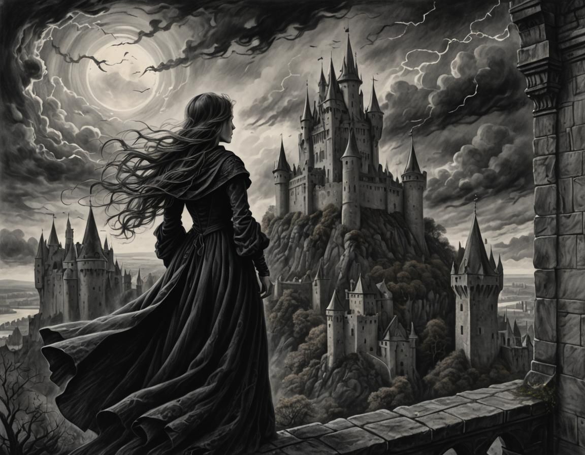 Besotted Witch in Autumn Storm, Charcoal Drawing