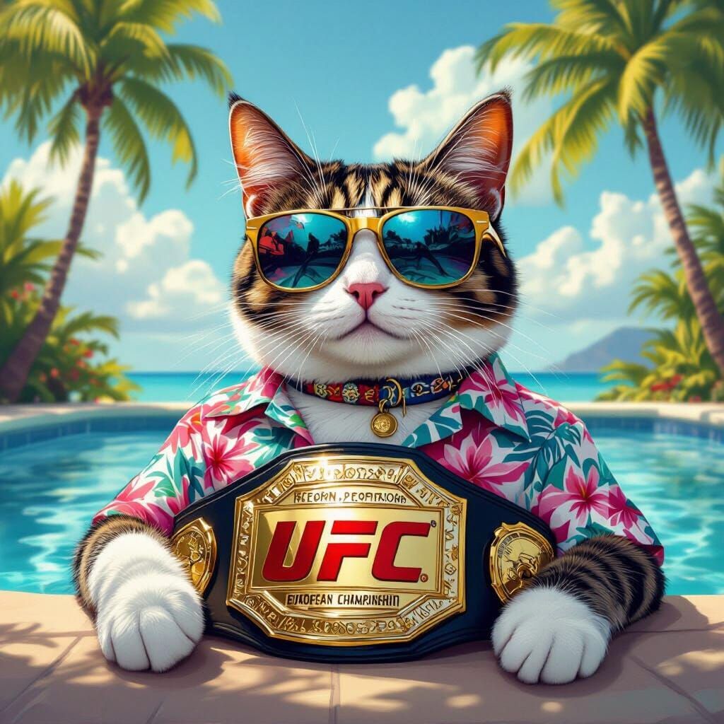 Cat Champion Lounging Poolside in Photorealistic Style