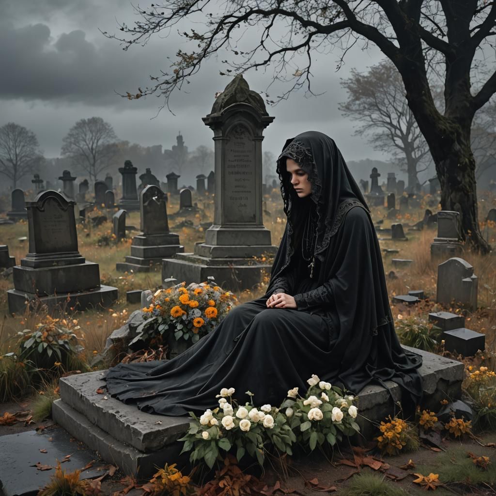 Melancholic Woman at Grave in Somber Style