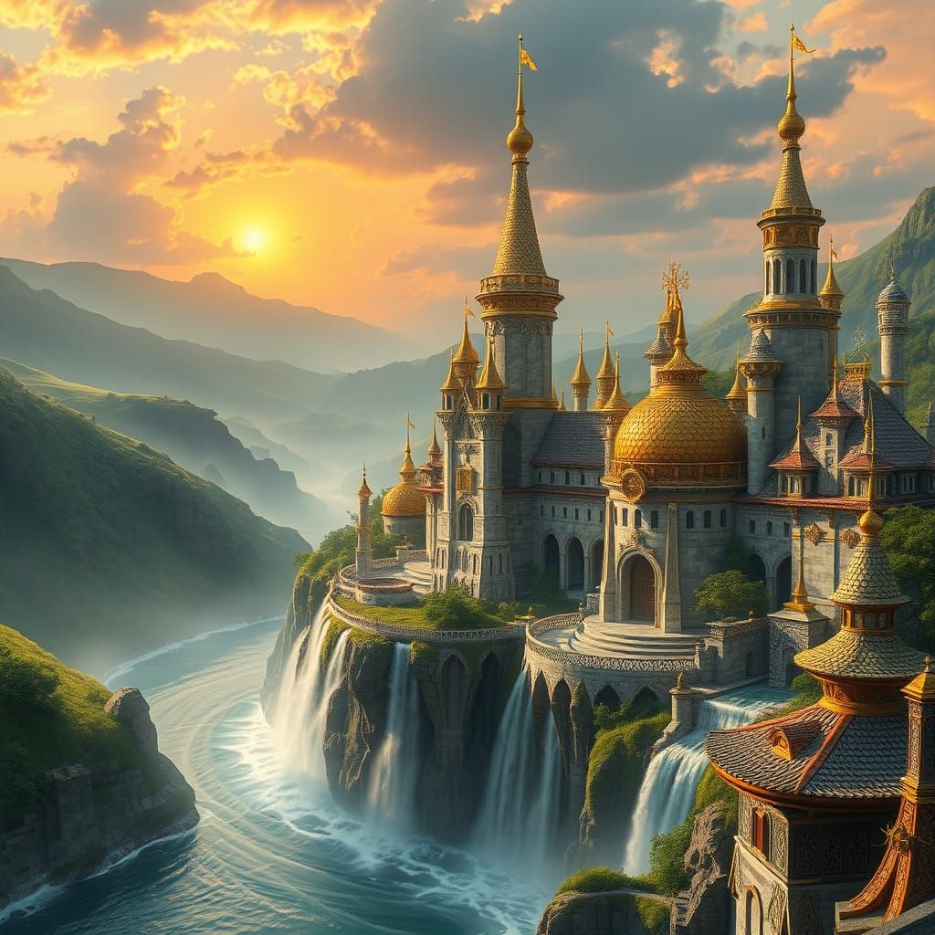 Ethereal Elven Cityscape at Sunrise in Middle Earth