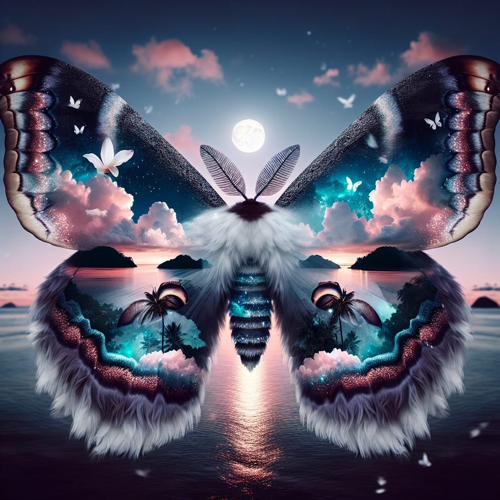 Ethereal Moth Goddess in Flight over Paradise