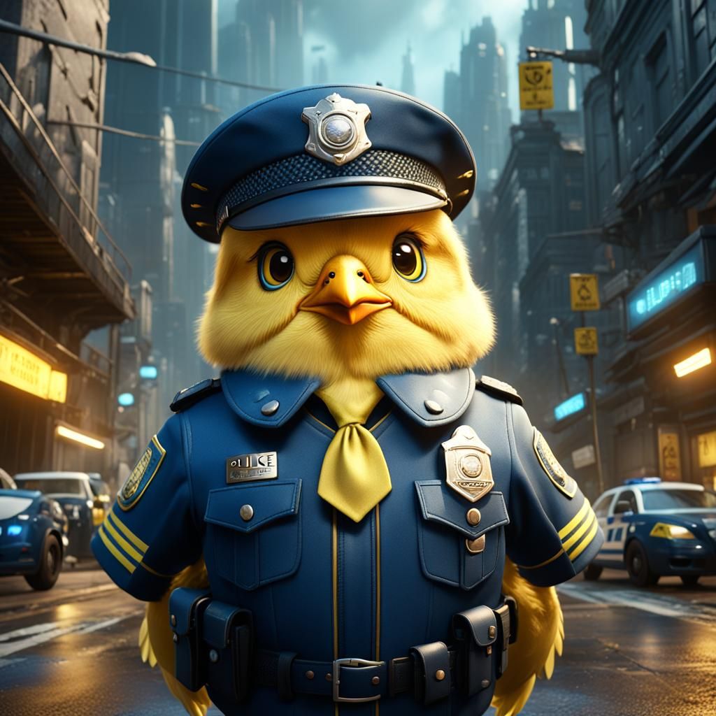 sweet yellow chick in police uniform
