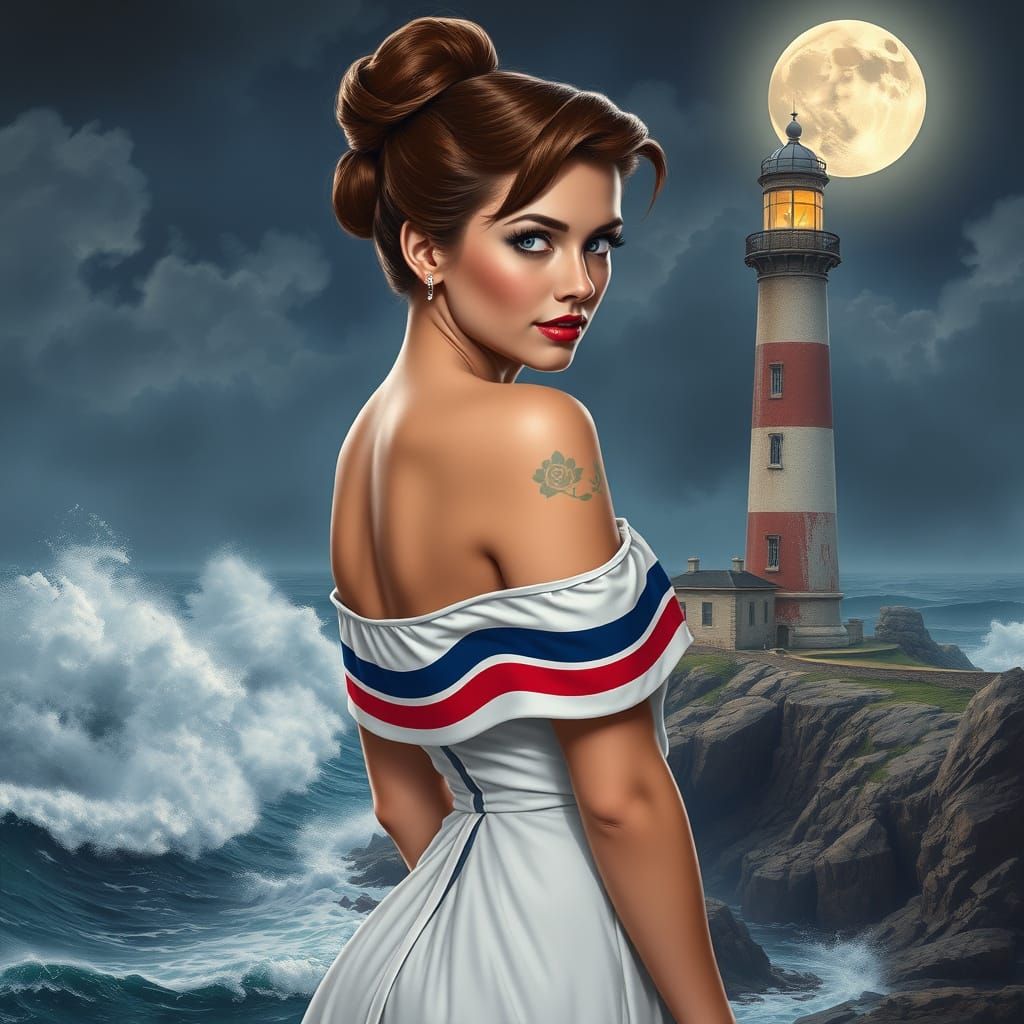 Pin-Up Woman and Lighthouse in Dramatic Matte Painting Style