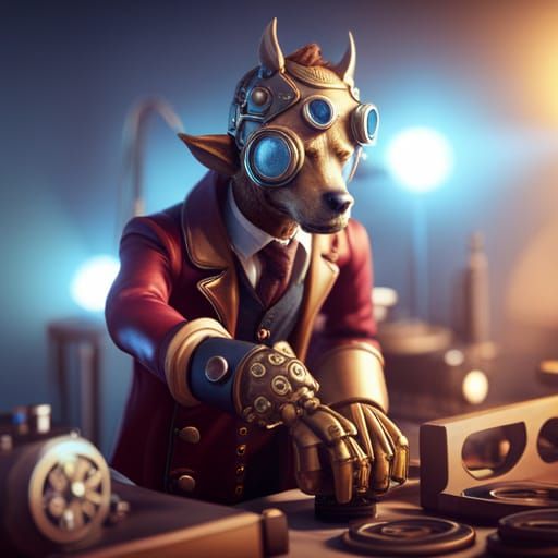 Steampunk Dog-Headed Scientist in Detailed Hand-Drawn Style