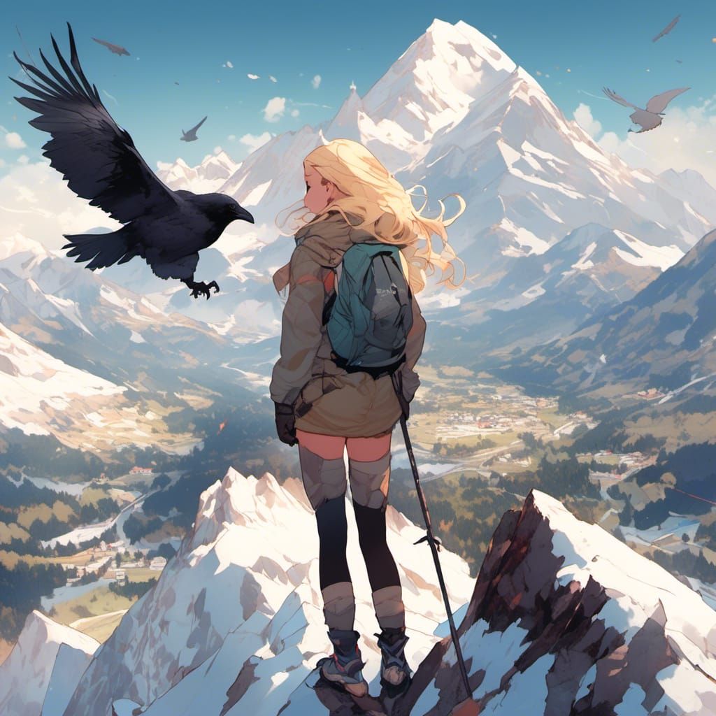 Blonde Hiker at Mountain Summit with Ravens