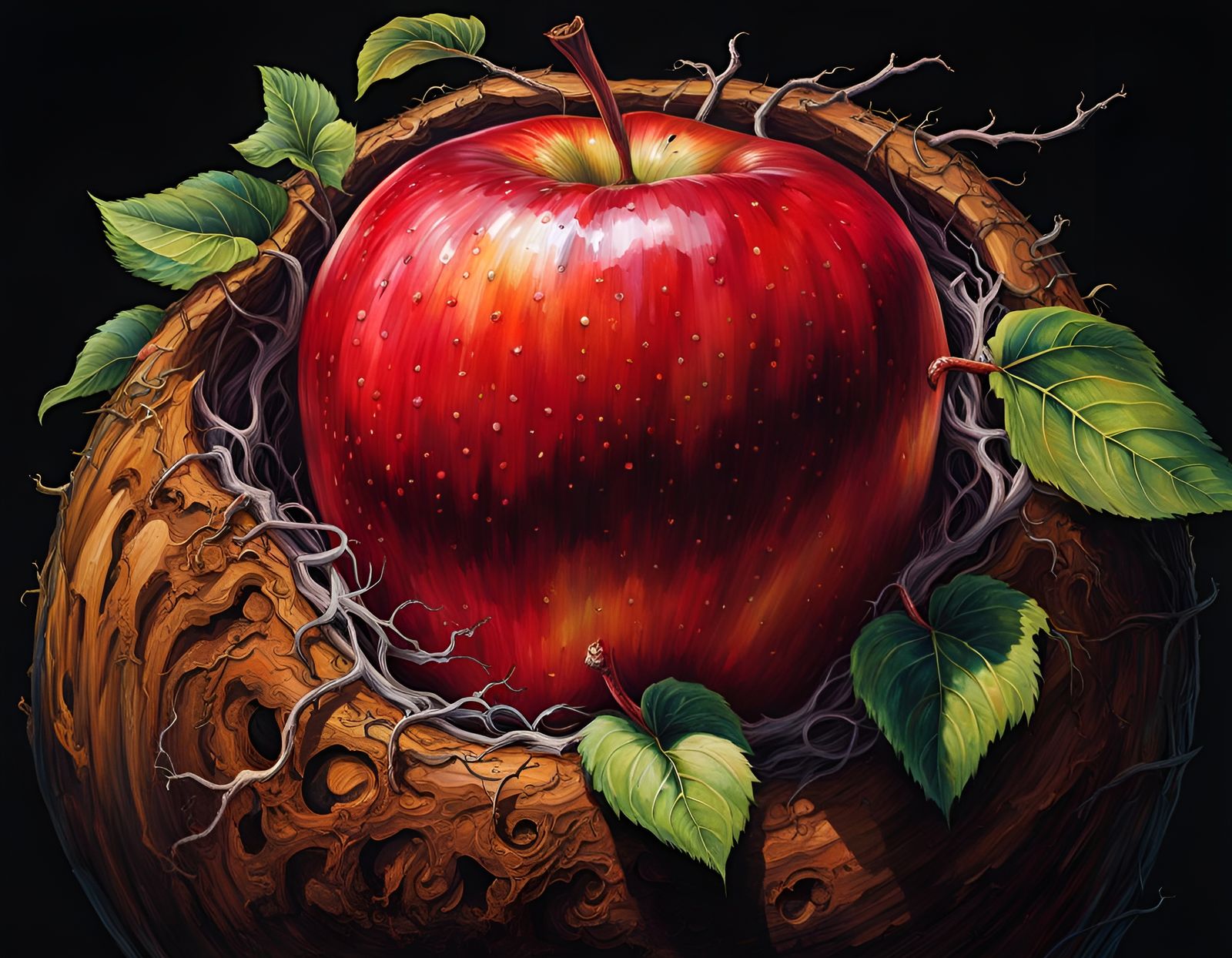 Hyperrealistic Red Apple with Smiling Worm