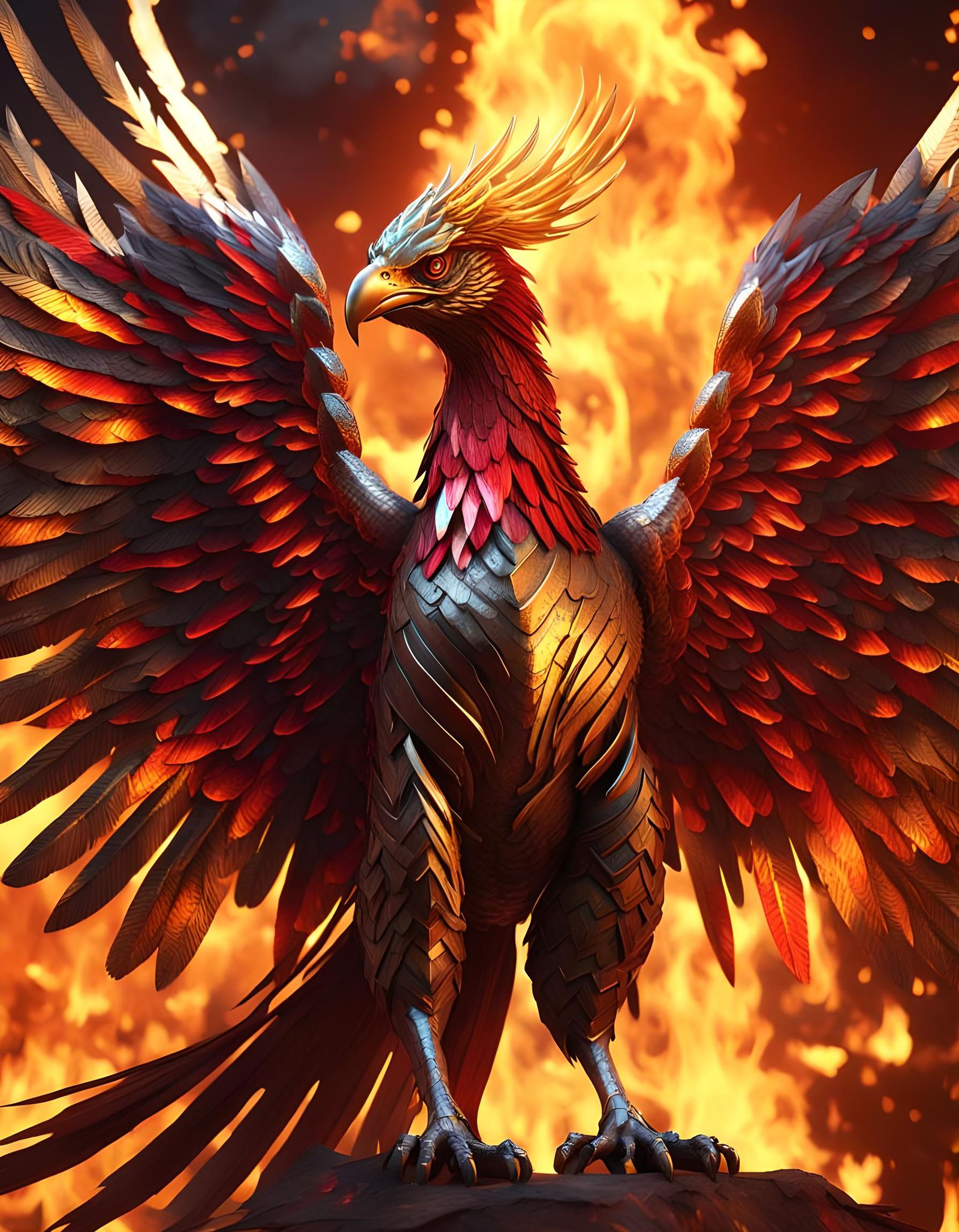Majestic Metal Phoenix Emerges from Flames in 4K