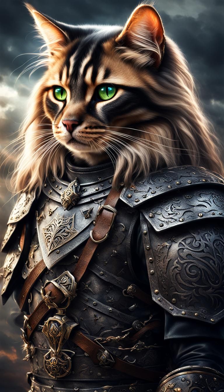 Hyperrealistic Warrior Cat-Human Hybrid in Leather Armor