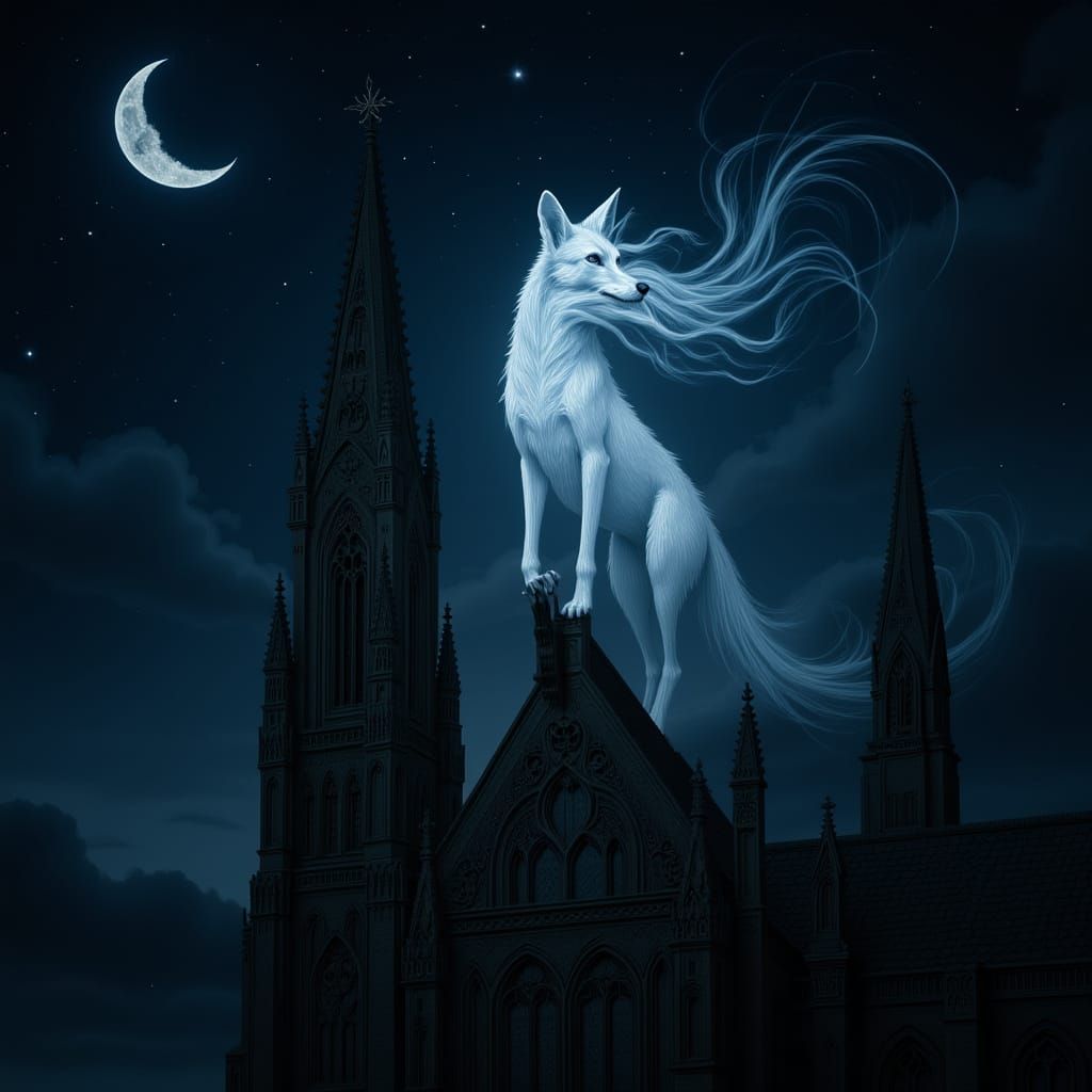 Phantom Wolf on Gothic Spire Under Starry Sky