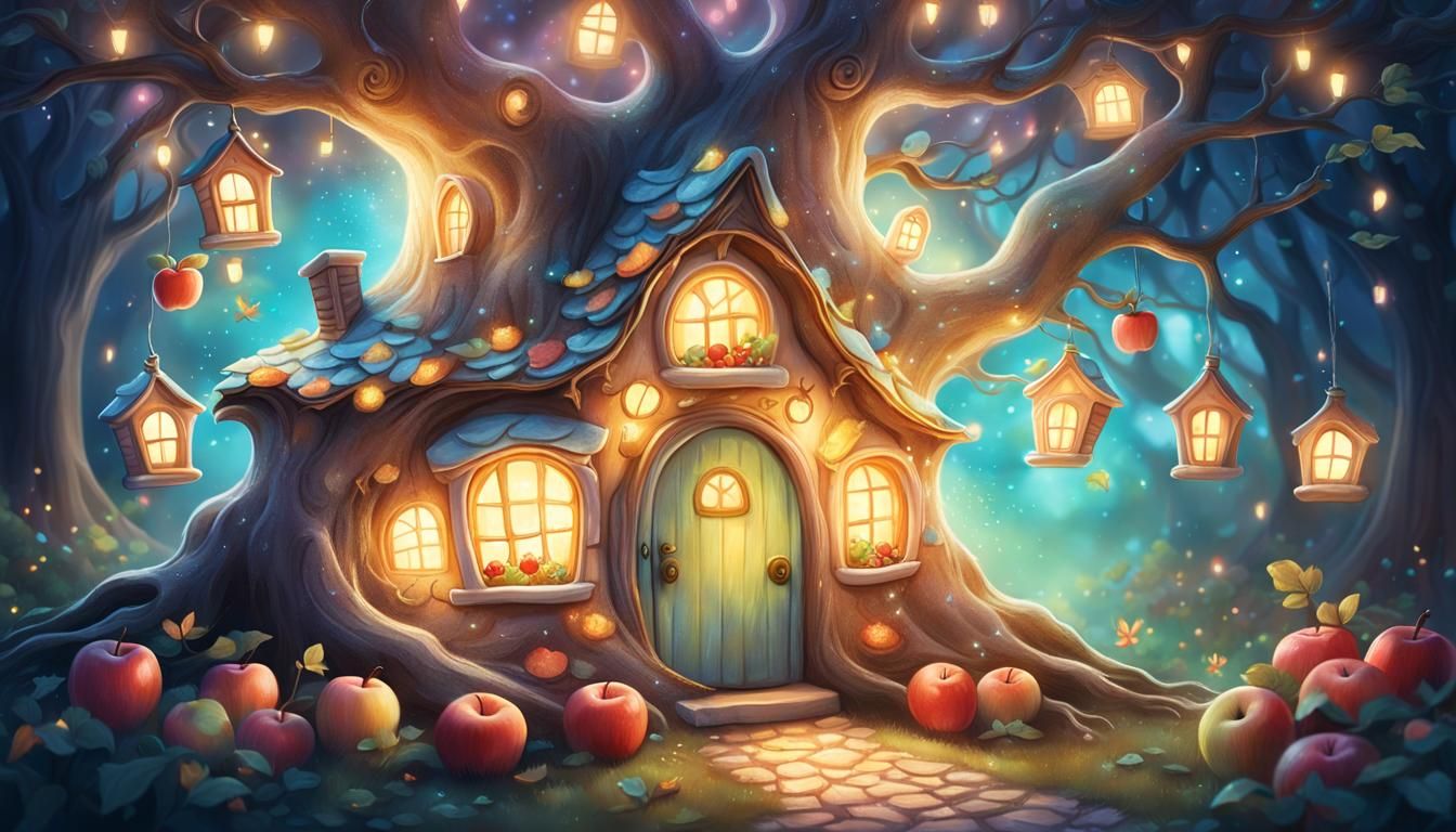 Enchanting Fairy House in Tree Roots Illustration