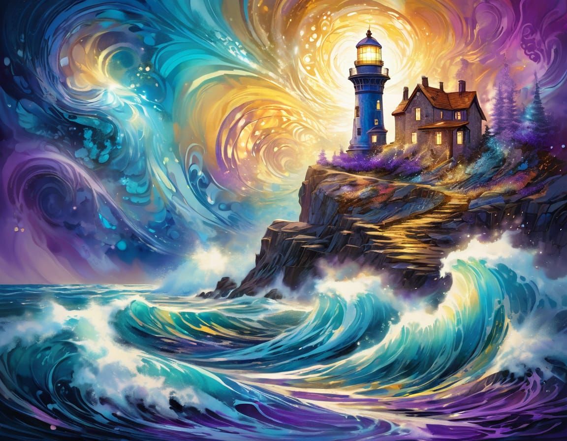 Majestic Ink Lighthouse with Golden Light Beam