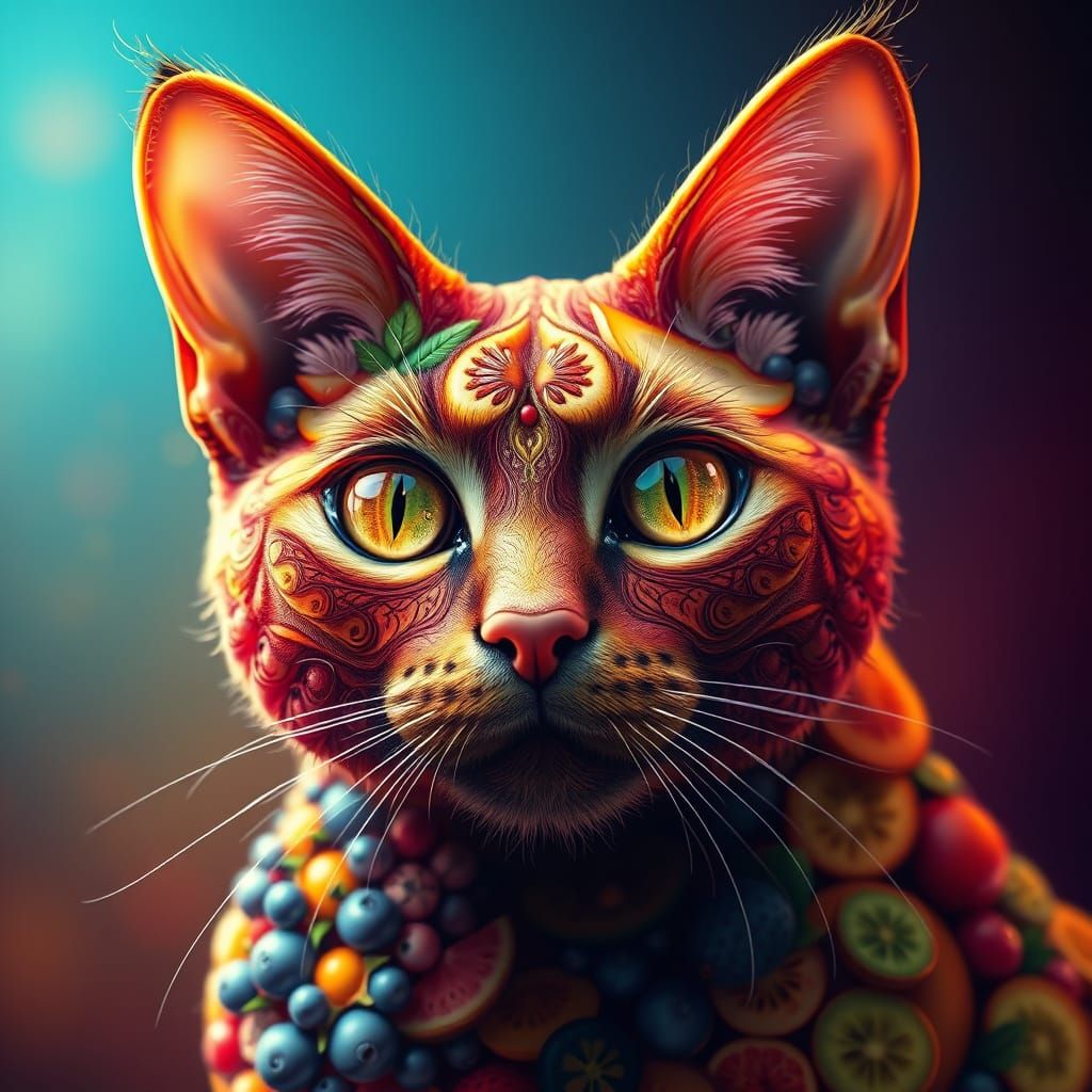 Vibrant Feline Fruit Portrait in Hyperrealistic 3D