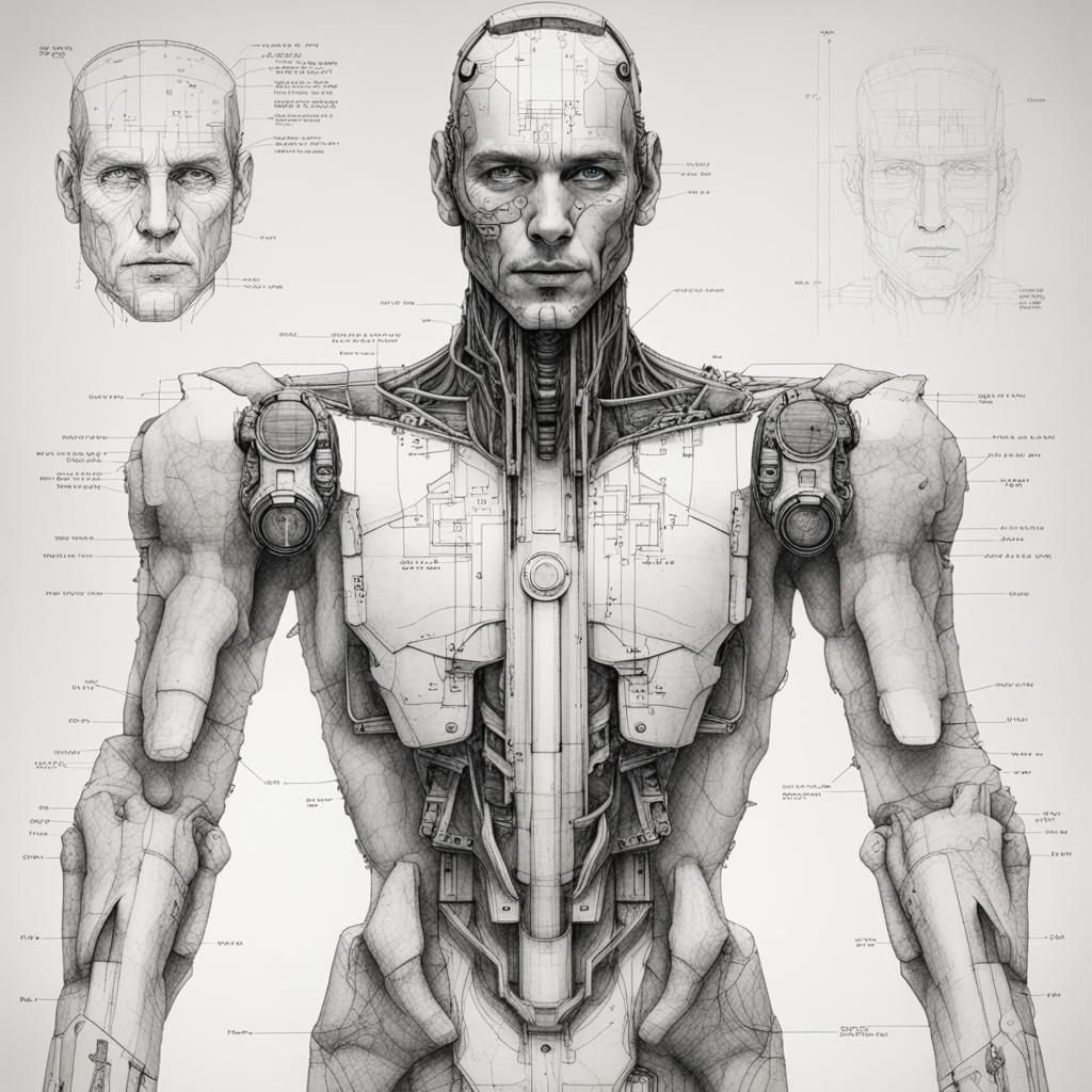 Cyborg Robot Portrait with Architectural Schematics