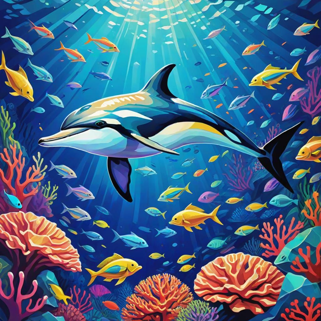 Dolphin in Coral Reef, Neo-Cubism Style
