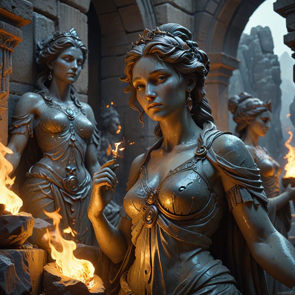 Ancient Statues With Skeptical Expressions Amidst Torches