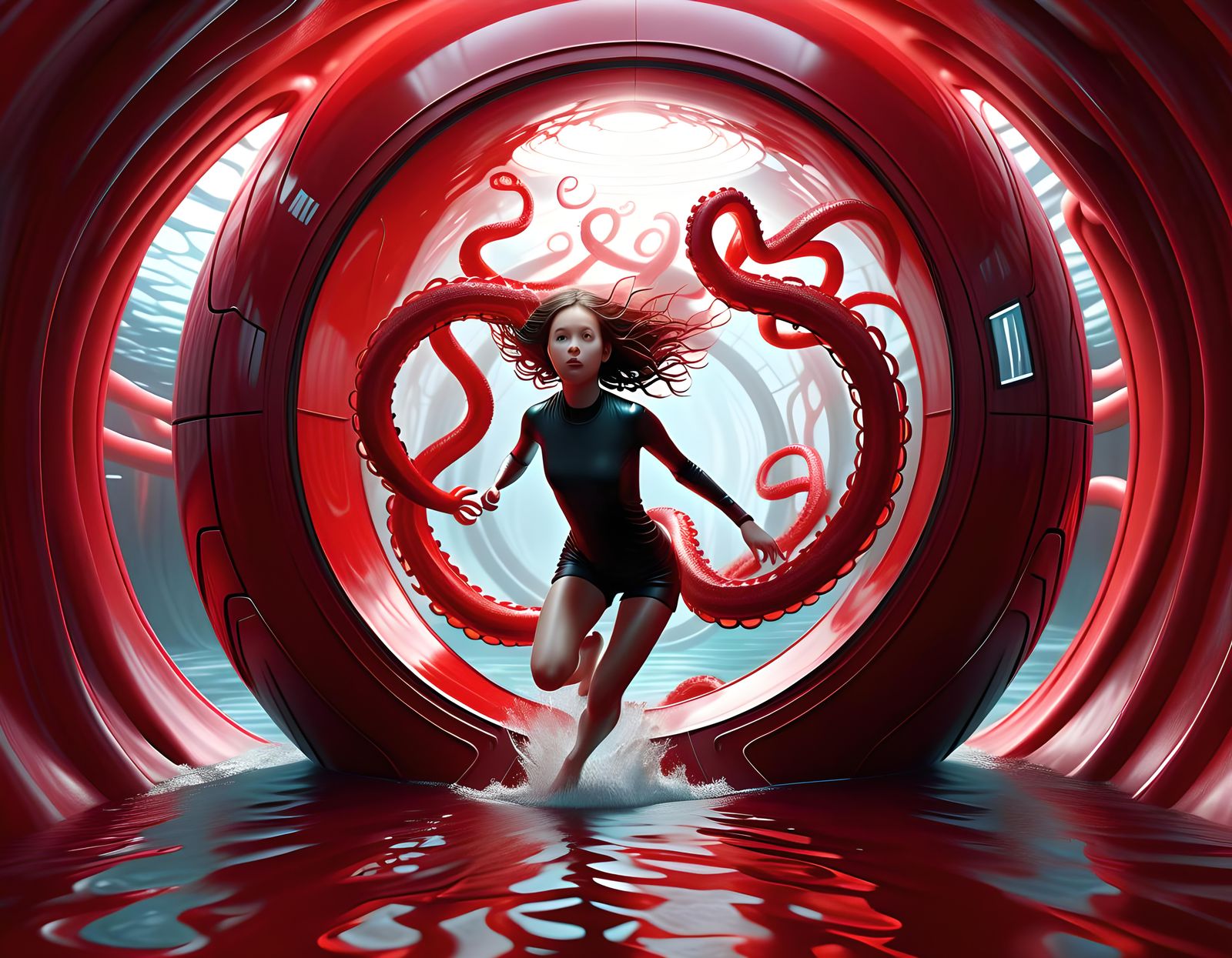 Hyperrealistic Woman Trapped in Tentacle Sphere