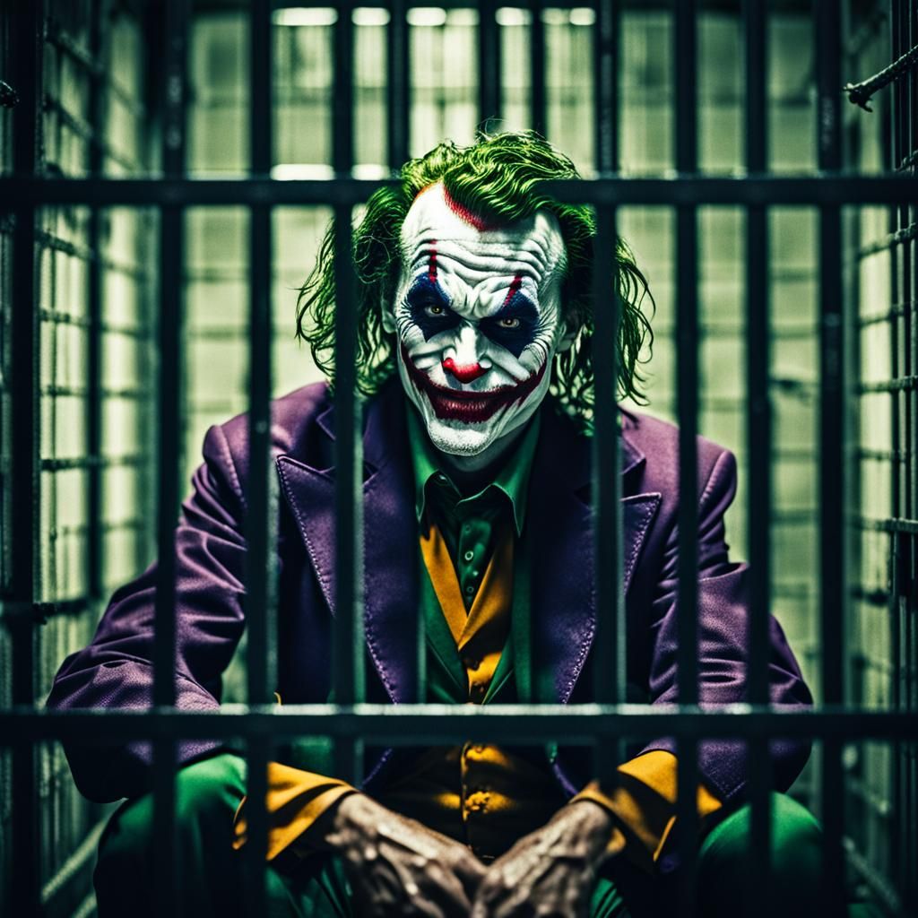 Sinister Joker in Jail Cell: Cinematic Film Still
