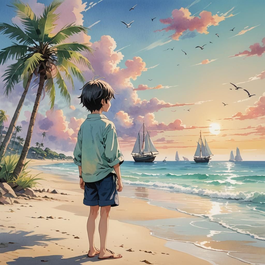 Pastel Anime Child on Beach Key Visual