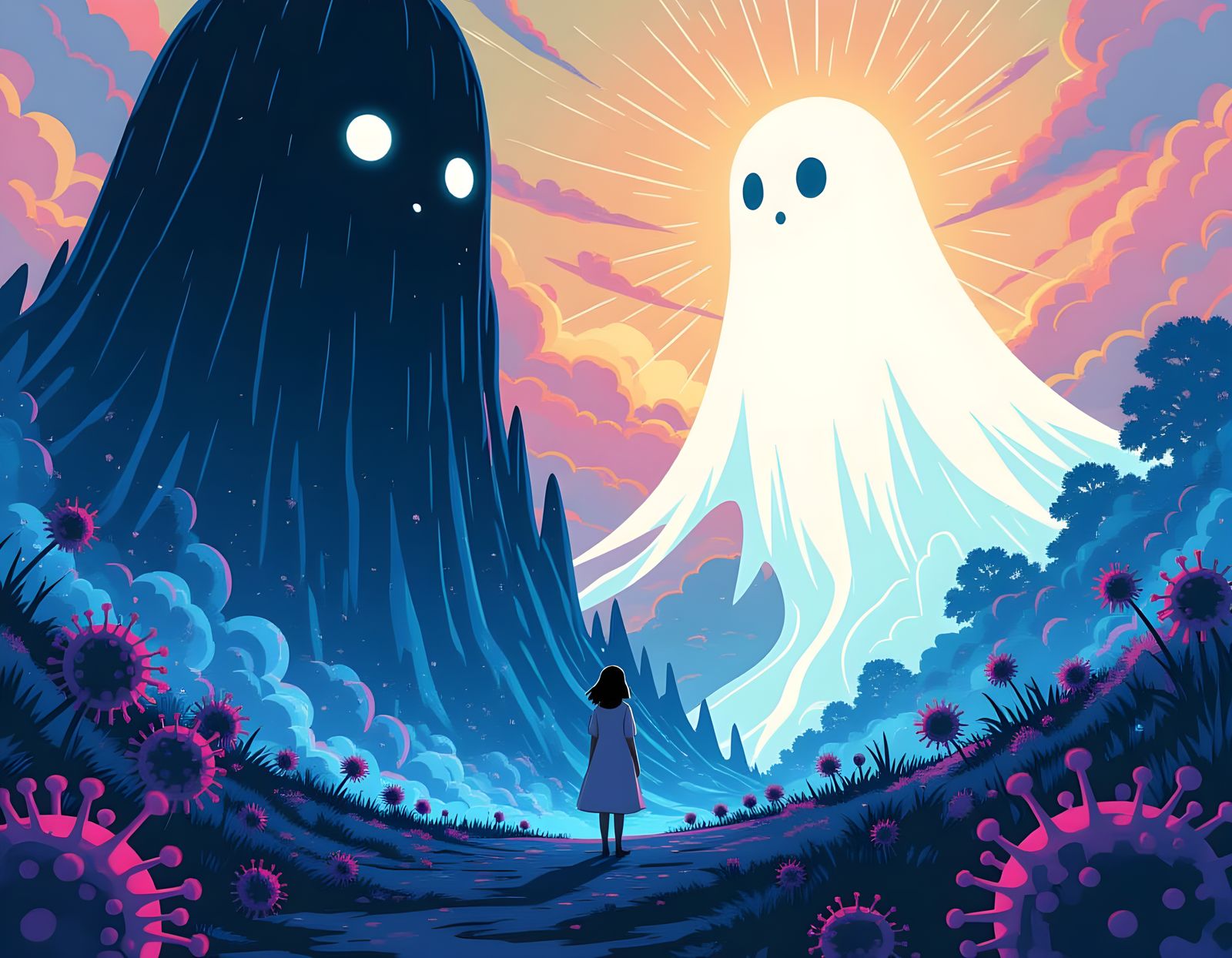 Bioluminescent Forest Ecosystem With Eerie Spirit Guide