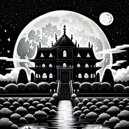 Angelic Palace in the Sky, Black and White Illustration