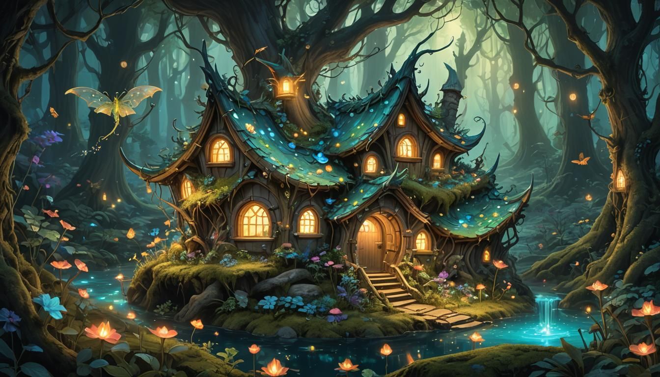 Enchanted Fairy Dragon House in Bioluminescent Forest