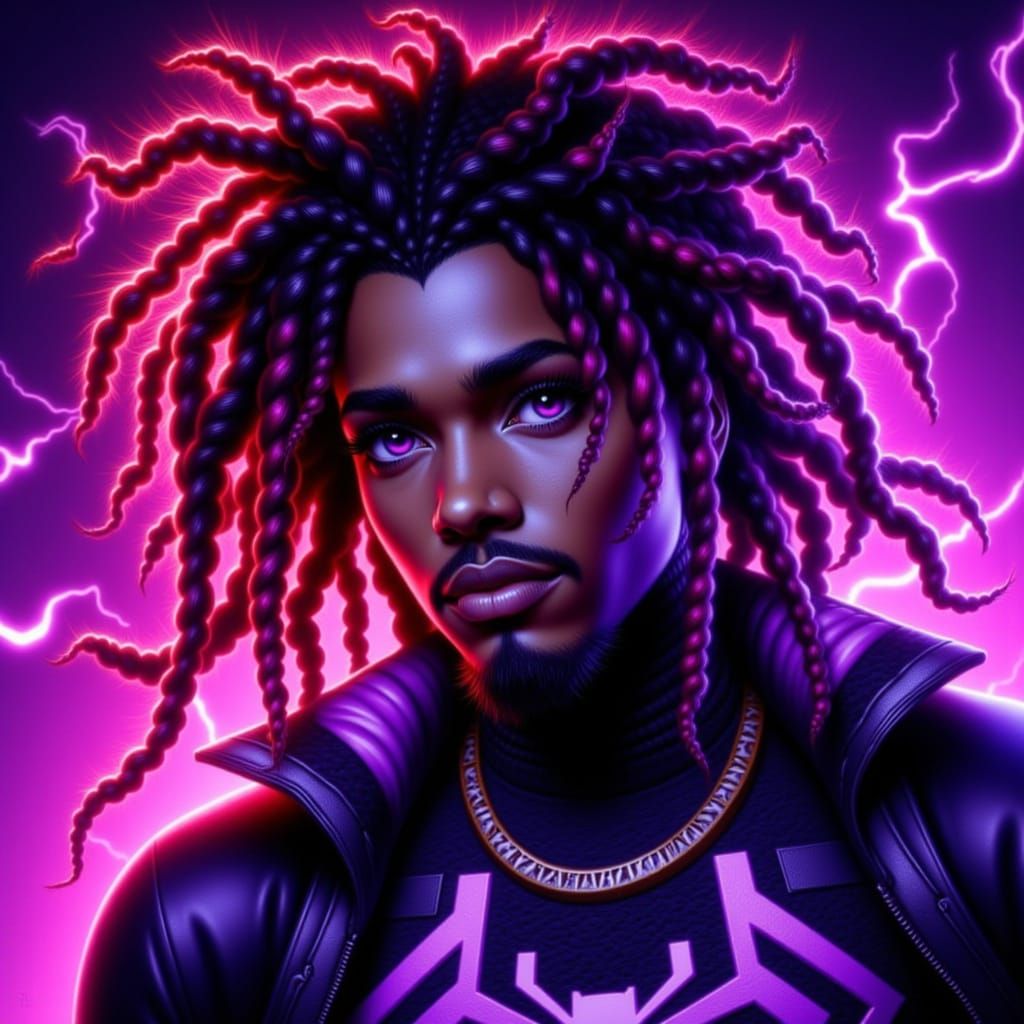 Man with Red Purple Dreadlocks in Spider Suit