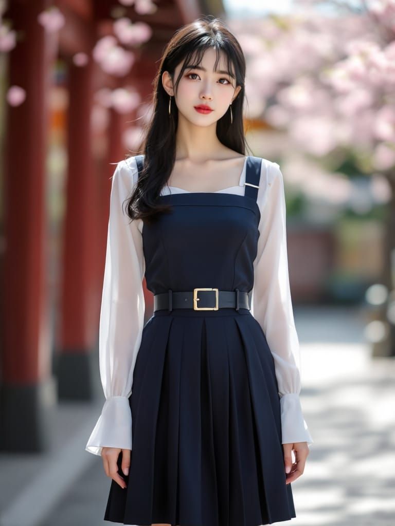 Japanese Schoolgirl at Shrine with Cherry Blossoms