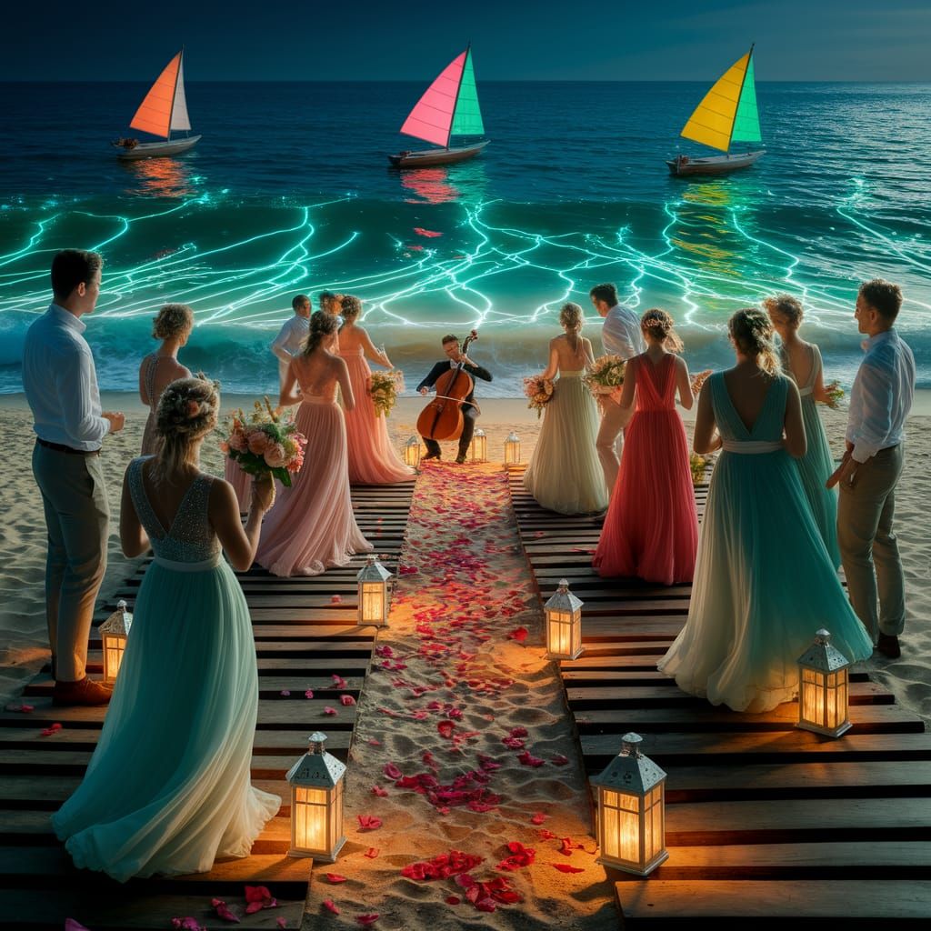 Ethereal Ocean Scene with Glowing Lanterns