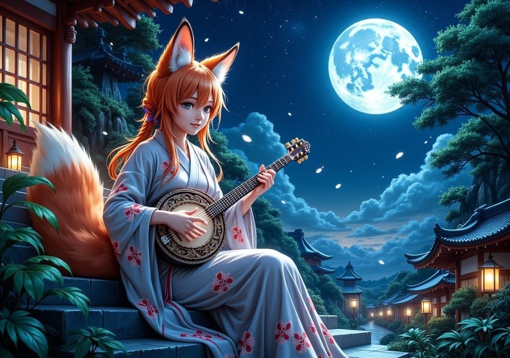 Fox Girl Strums Banjo at Moonlit Temple
