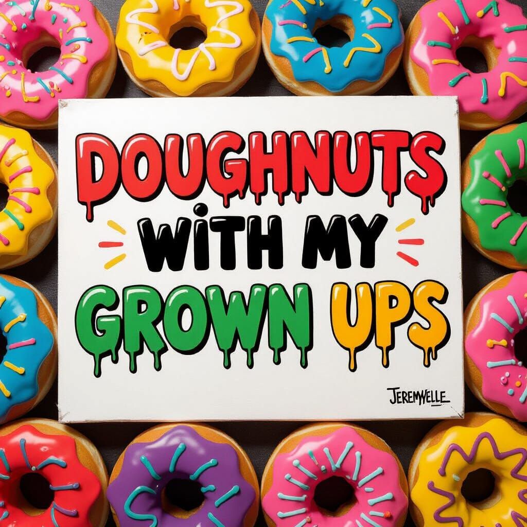 Colorful Doughnuts with Drippy Sign, Whimsical Street Art