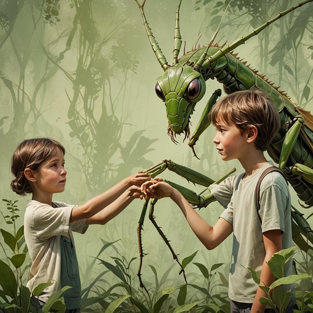 Children Study Mantid in Whimsical Concept Art