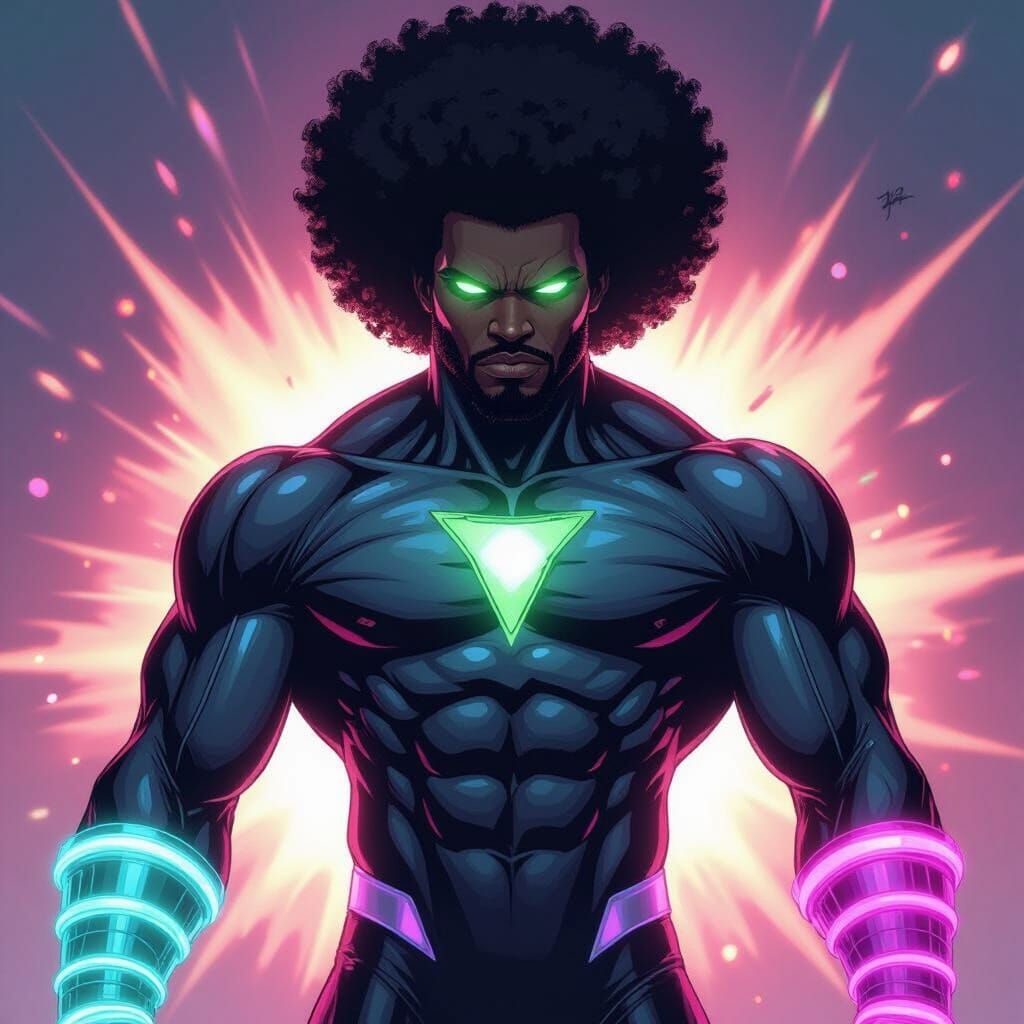 African American Superhero with Glowing Eyes and Cosmic Aura