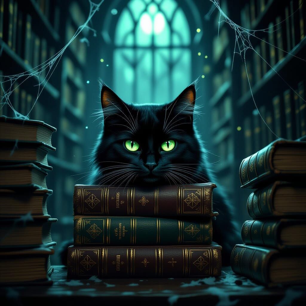 Mischievous Black Cat in Gothic Library