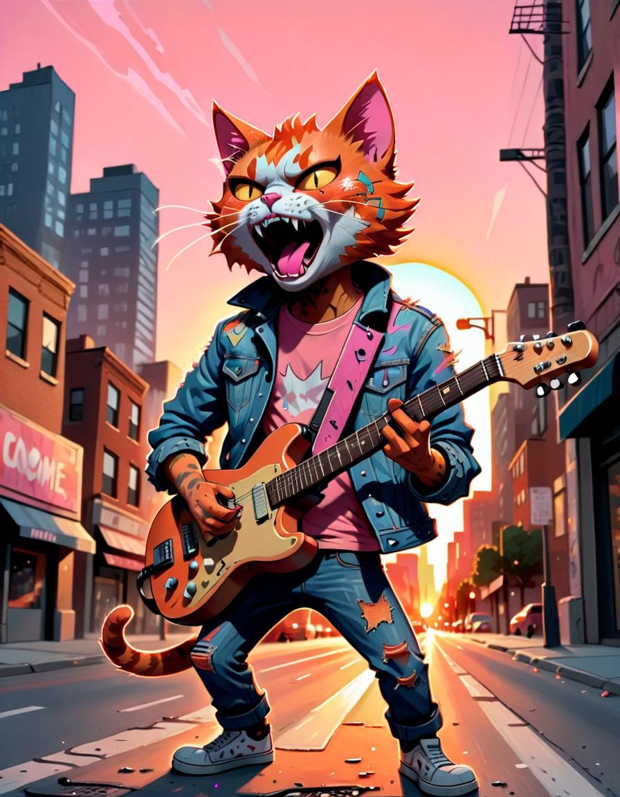 Anthropomorphic Cat Rocker in Cartoony Comic Style