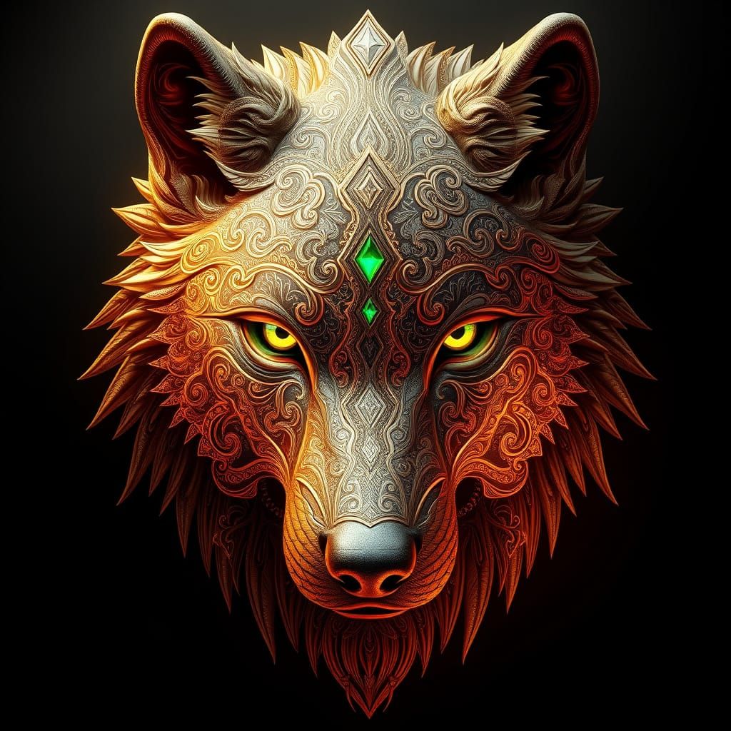 Hyper-Realistic Wolf Head in Intricate, Golden Filigree Patt...