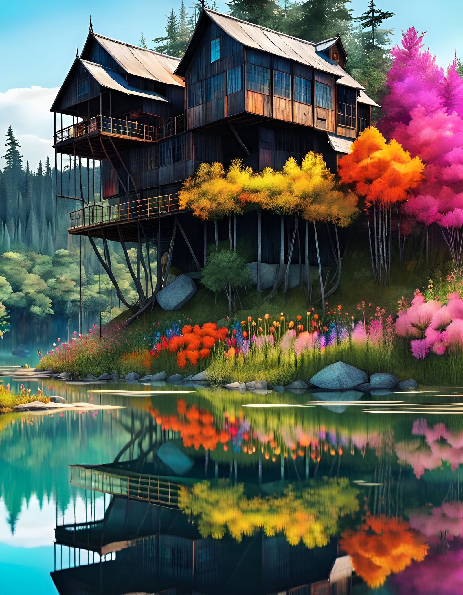 Anime Portrait in Watercolor Style With Lakeside Mansion
