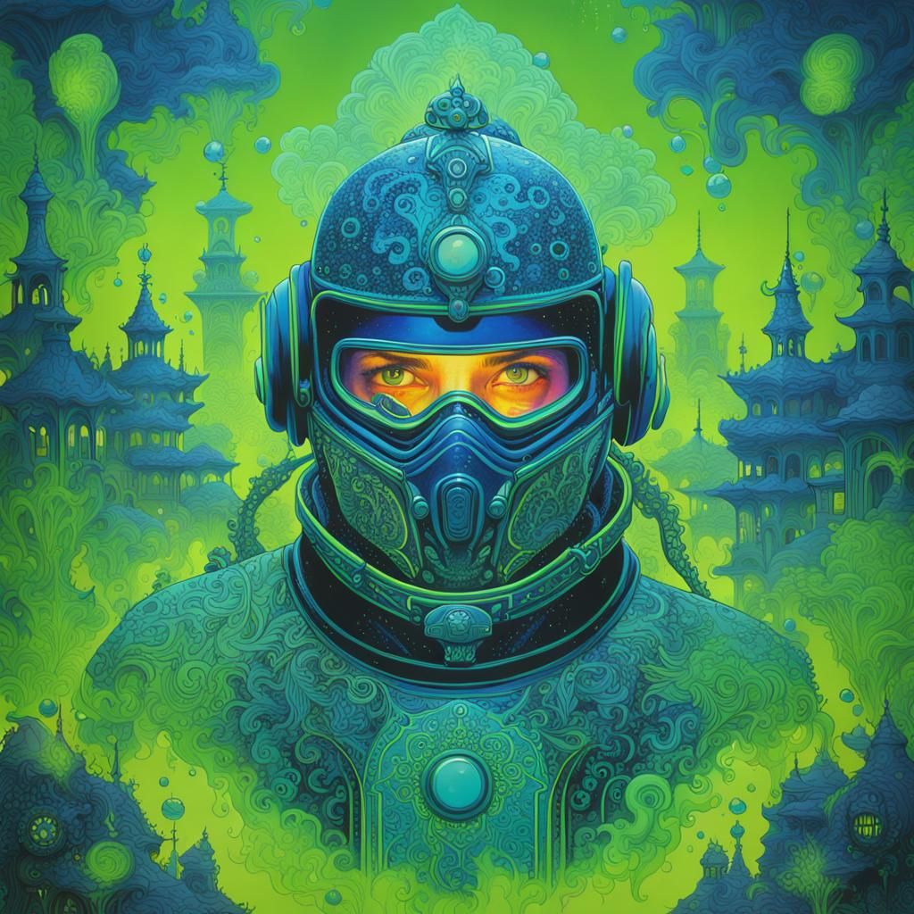 Neon Space Helmet in Geometric Bauhaus Style