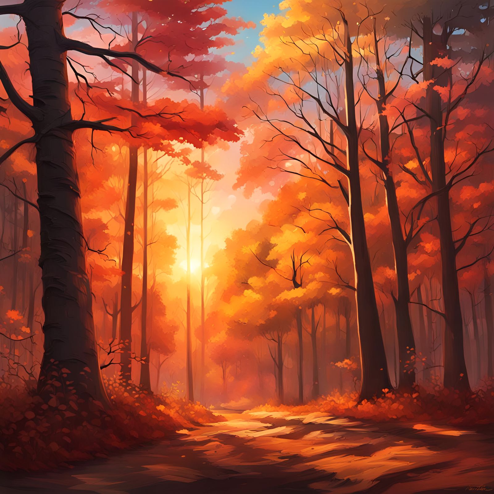 Hyperrealistic Autumn Forest Sunset Splash Art