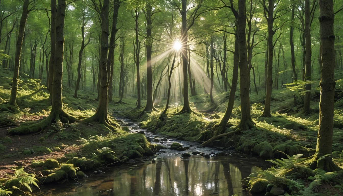 Sunlit Forest Stream: A Tranquil Landscape