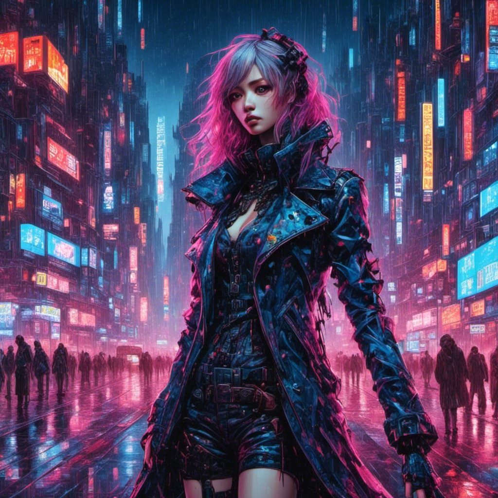 Vibrant Cyberpunk Character in Neon Cityscape