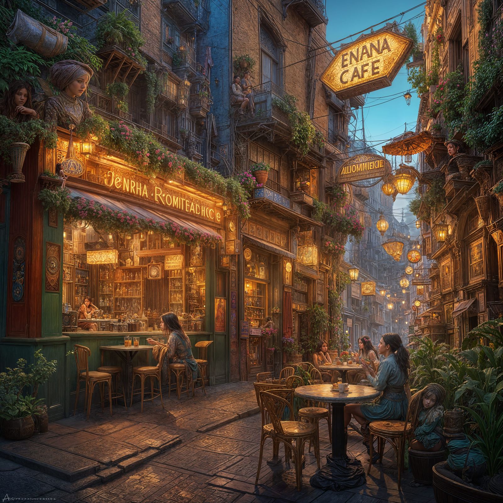 Romantic Cafe Scene in Art Nouveau Style