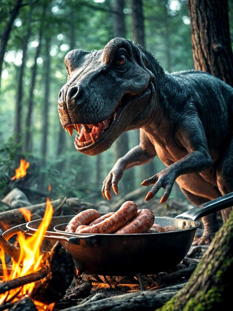 T-Rex Fries Sausages in Forest Camp