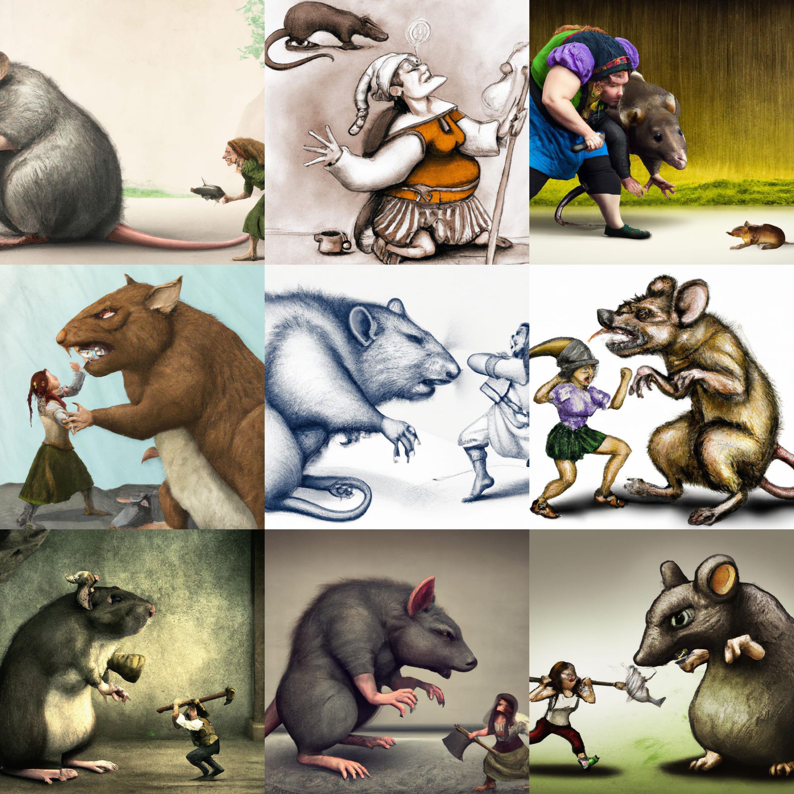 Dwarf Battles Giant Rat in Fantasy Setting