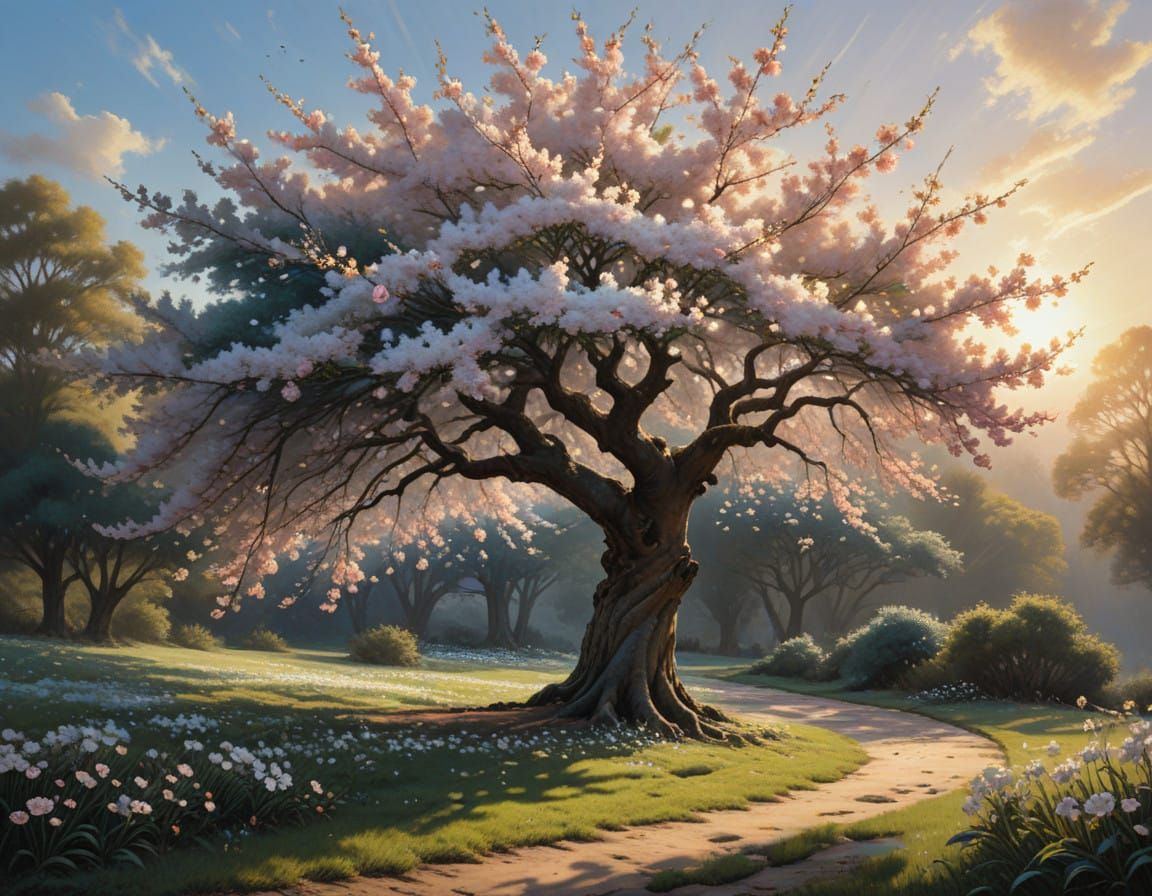 Vibrant Cherry Blossom Tree in Ethereal Bloom