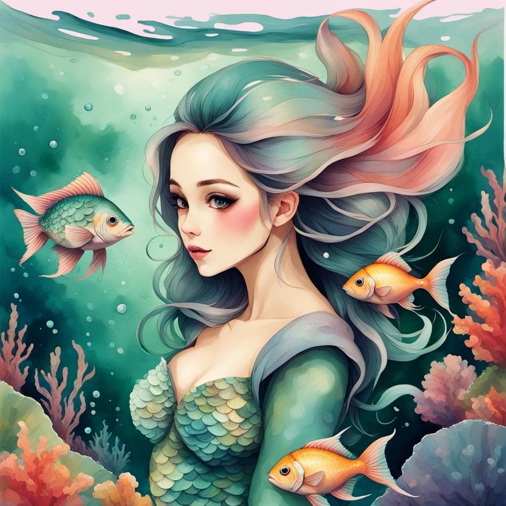 Pastel Mermaid Swimming with Fish