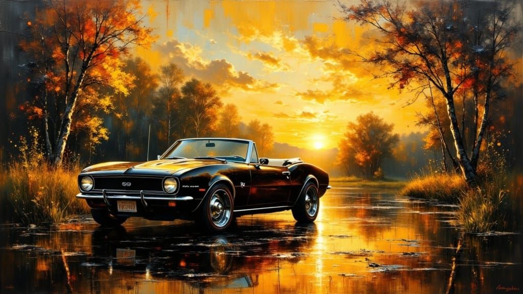 Translucent Gold Camaro Convertible at Sunset as Impasto Pai...