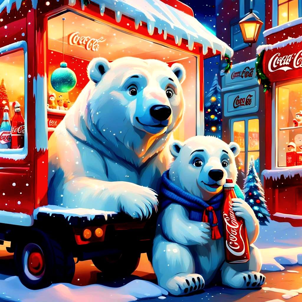 Coca-Cola Polar Bear on Christmas Truck in Pixar Style