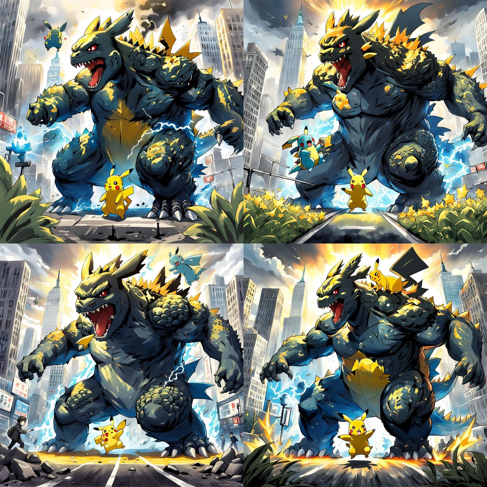 Godzilla vs. Pikachu in Anime Style New York
