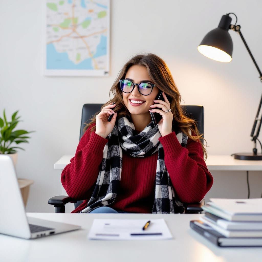 Curvy Woman in Office on Phone, Realistic Style
